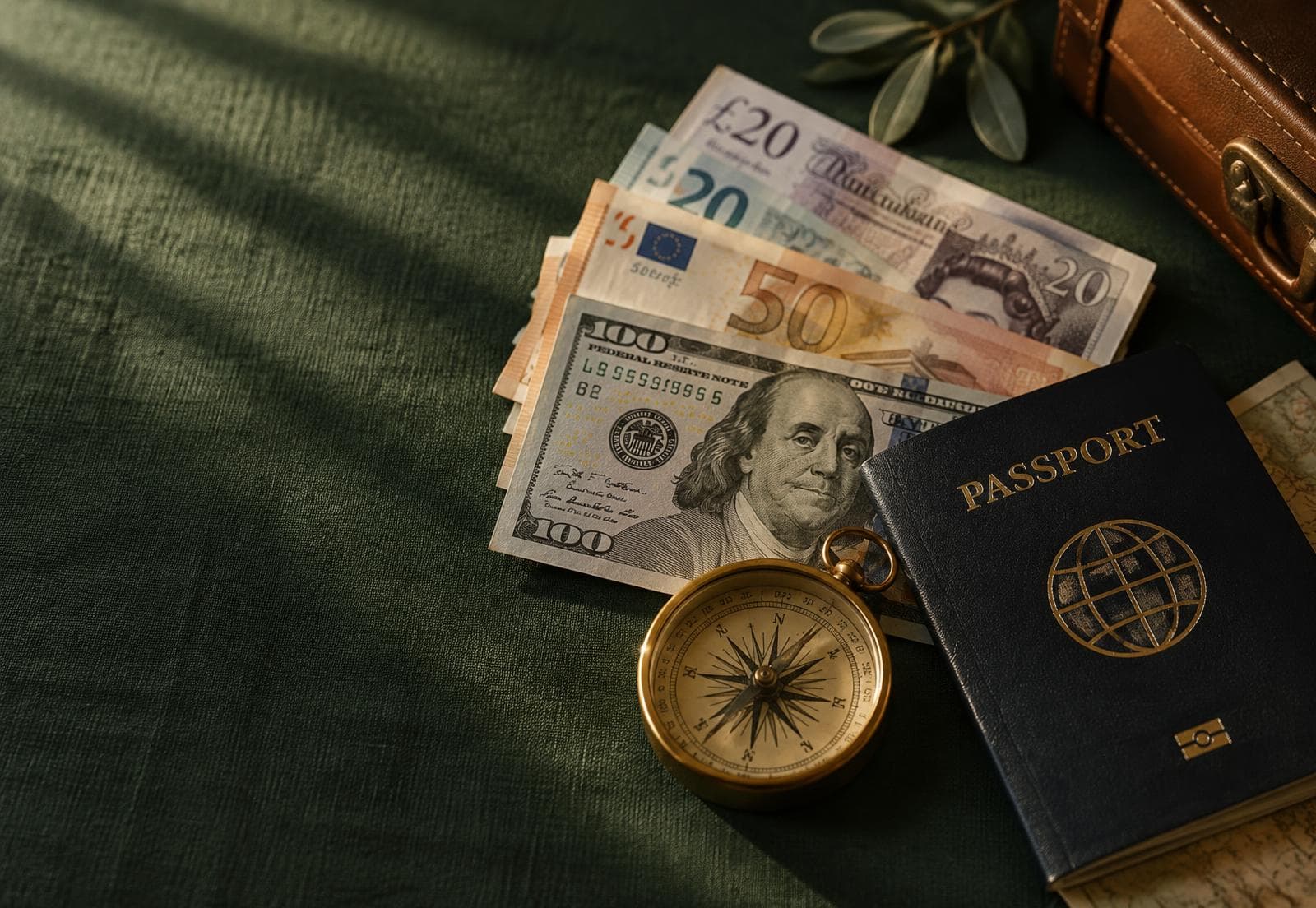 US dollar, euro and pound notes fanned beside a brass compass and a passport on dark green linen